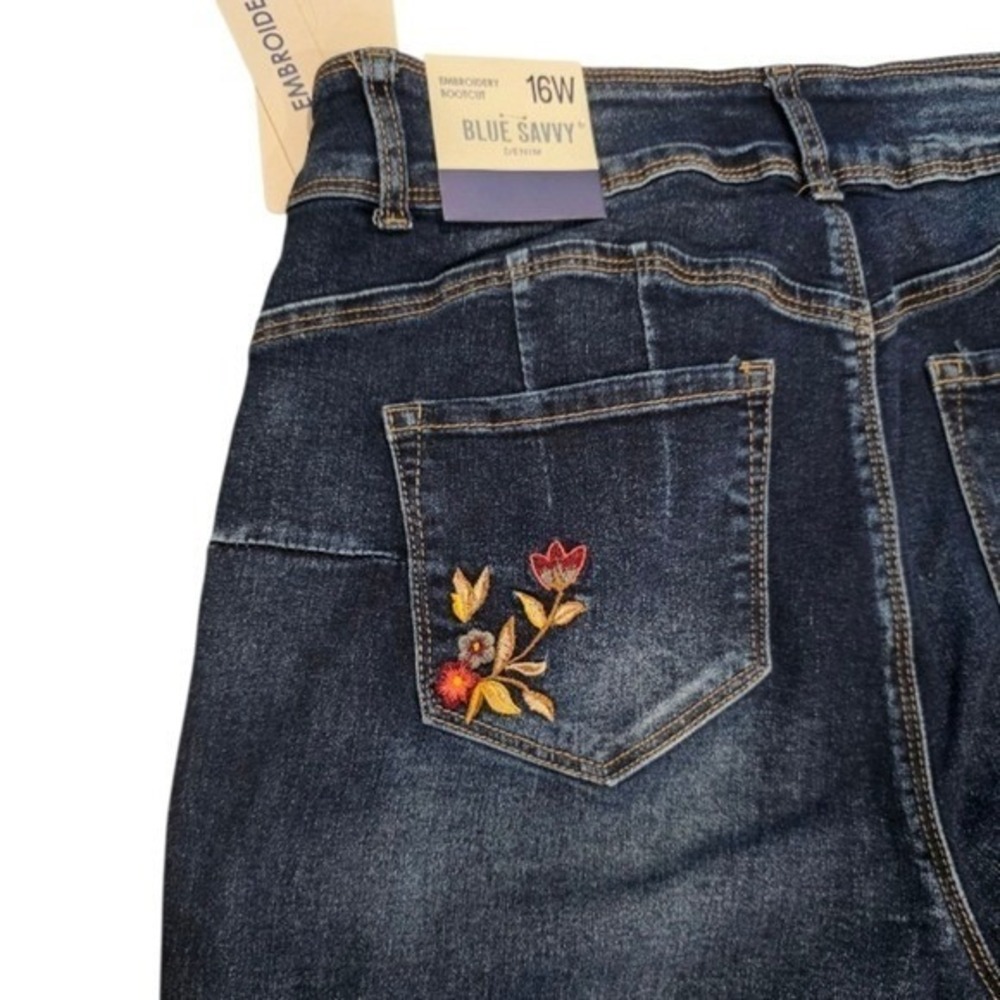 Blue Savvy High Rise Flare Wide Leg Embroidered Western Stretch Jeans Plus Size - Picture 5 of 16